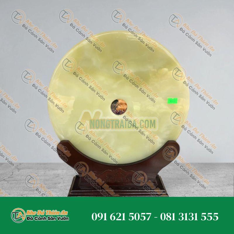 Đồng tiền, đồng điếu may mắn phong thủy chiêu nạp tài lộc đá ngọc onyx xanh nhạt – đường kính 30cm