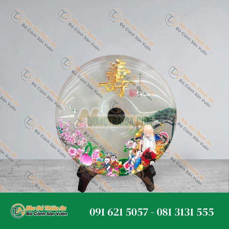 Đồng tiền đồng điếu may mắn phong thủy vẽ tranh chiêu nạp tài lộc đá bạch ngọc – đường kính 18cm