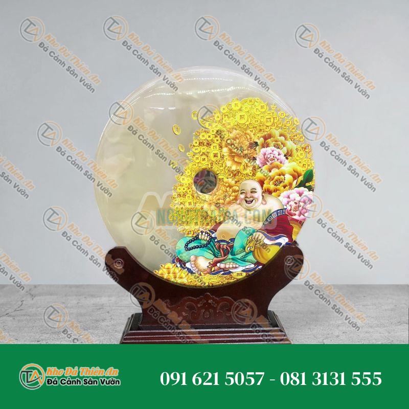 Đồng tiền đồng điếu may mắn phong thủy vẽ tranh chiêu nạp tài lộc đá bạch ngọc – đường kính 30cm