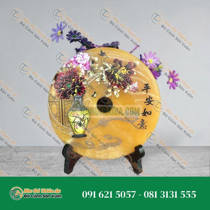 Đồng tiền đồng điếu may mắn phong thủy vẽ tranh chiêu nạp tài lộc đá ngọc hoàng long – đường kính 18cm