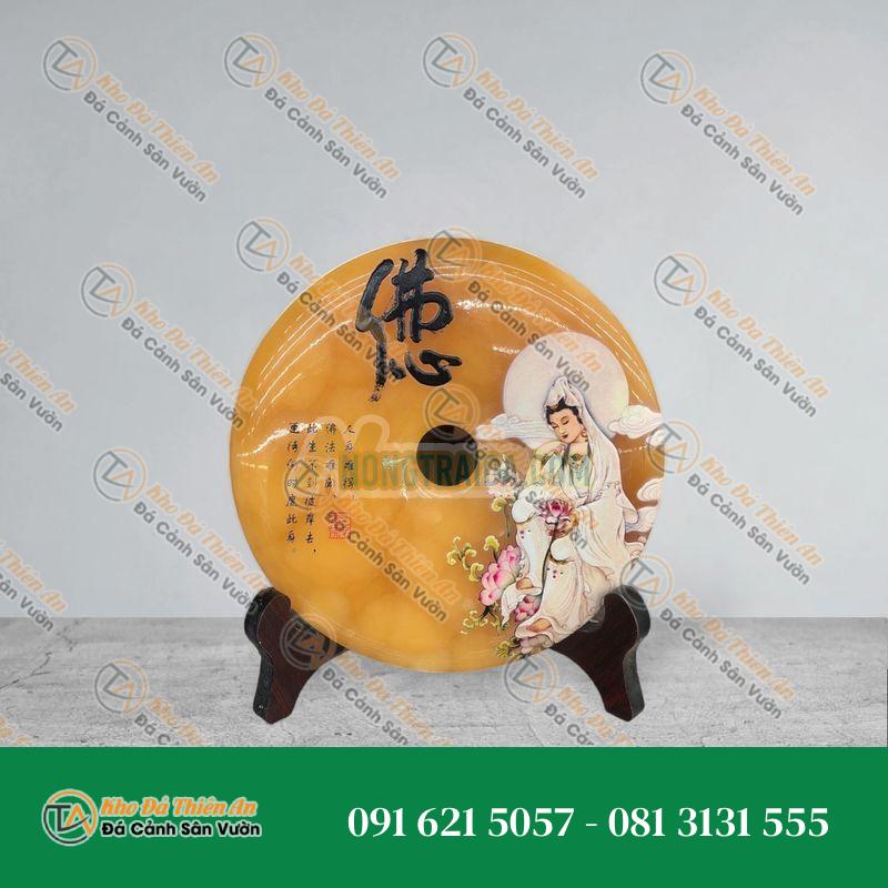Đồng tiền đồng điếu may mắn phong thủy vẽ tranh chiêu nạp tài lộc đá ngọc hoàng long – đường kính 18cm
