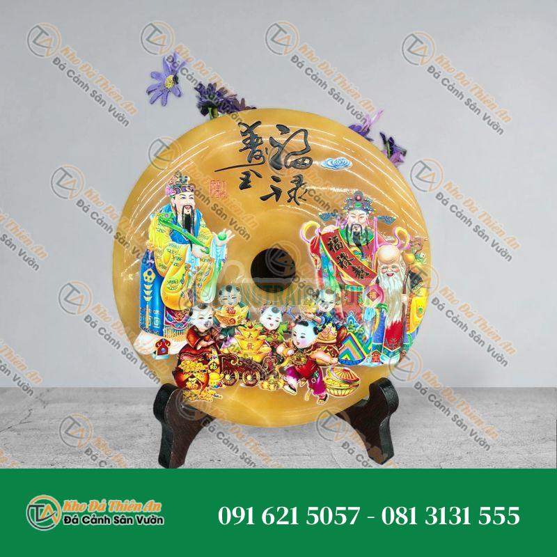 Đồng tiền đồng điếu may mắn phong thủy vẽ tranh chiêu nạp tài lộc đá ngọc hoàng long – đường kính 18cm