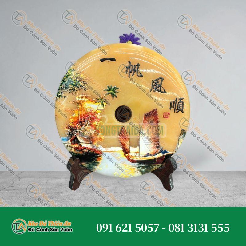 Đồng tiền đồng điếu may mắn phong thủy vẽ tranh chiêu nạp tài lộc đá ngọc hoàng long – đường kính 20cm