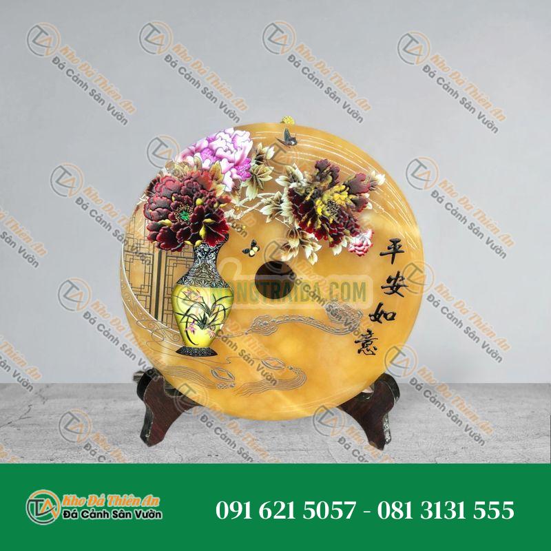 Đồng tiền đồng điếu may mắn phong thủy vẽ tranh chiêu nạp tài lộc đá ngọc hoàng long – đường kính 20cm
