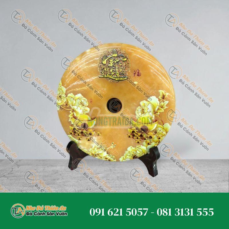 Đồng tiền đồng điếu may mắn phong thủy vẽ tranh chiêu nạp tài lộc đá ngọc hoàng long – đường kính 20cm