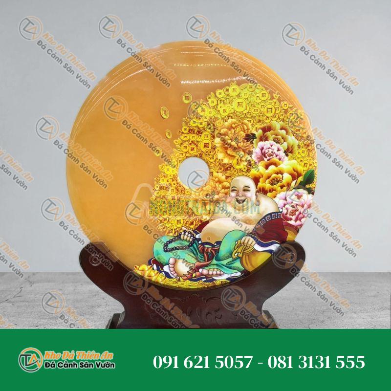 Đồng tiền đồng điếu may mắn phong thủy vẽ tranh chiêu nạp tài lộc đá ngọc hoàng long – đường kính 30cm