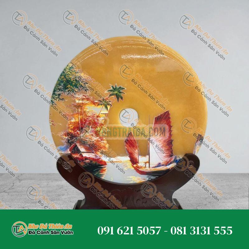 Đồng tiền đồng điếu may mắn phong thủy vẽ tranh chiêu nạp tài lộc đá ngọc hoàng long – đường kính 30cm