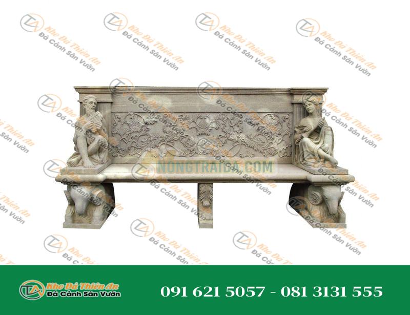 Ghế đá Sandstone Tây Ban Nha 3 chỗ ngồi phong cách Phục Hưng với hoa văn điêu khắc