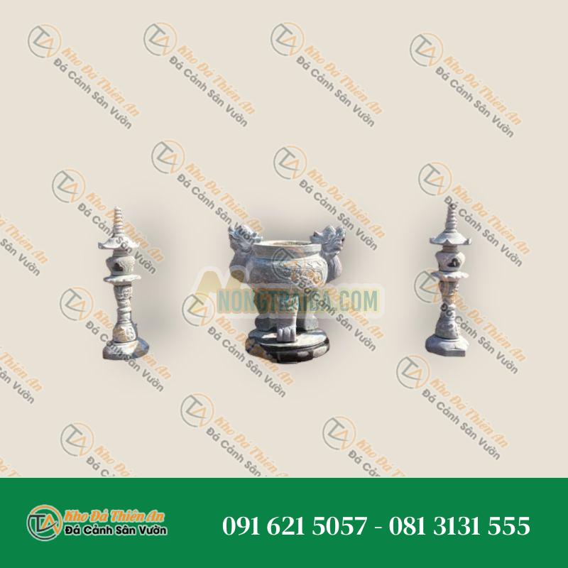 Lư hương đá tròn 142cm & cột đèn thờ 150cm, đá xanh đen chạm khắc