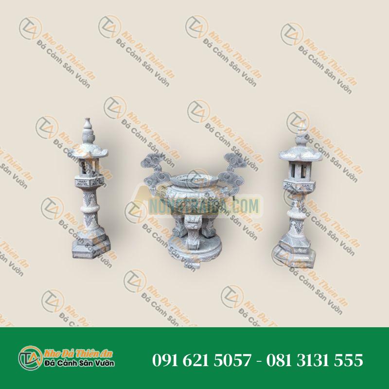 Lư hương đá tròn 150cm & cột đèn thờ 170cm, đá xanh đen chạm khắc