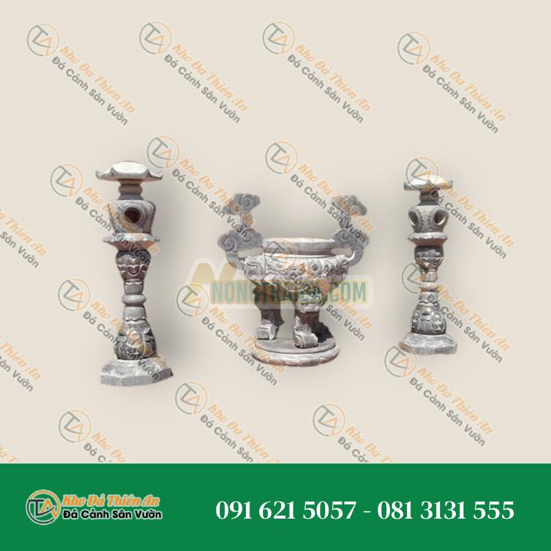 Lư hương đá tròn & cột đèn thờ 180cm, đá xanh đen chạm khắc