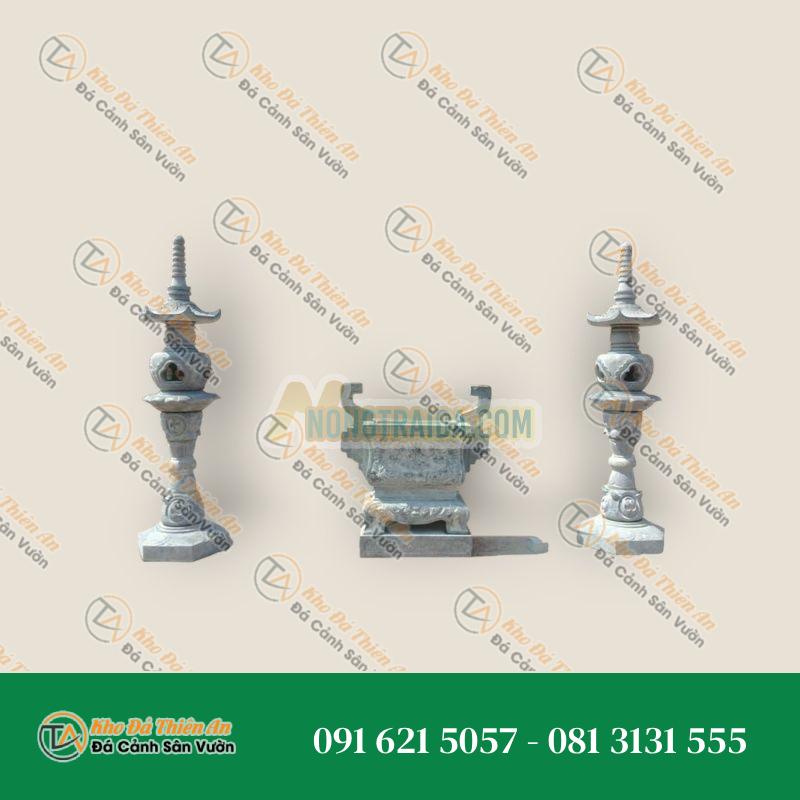 Lư hương đá vuông 40cm & cột đèn thờ 140cm, đá xanh đen chạm khắc