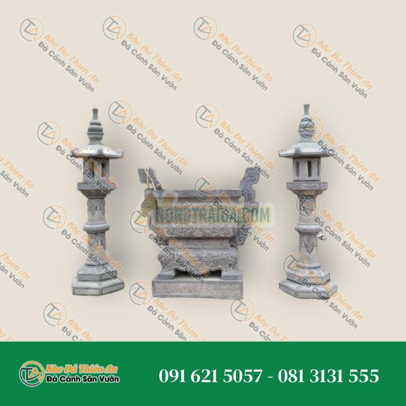 Lư hương đá vuông & cột đèn thờ đá xanh đen chạm khắc