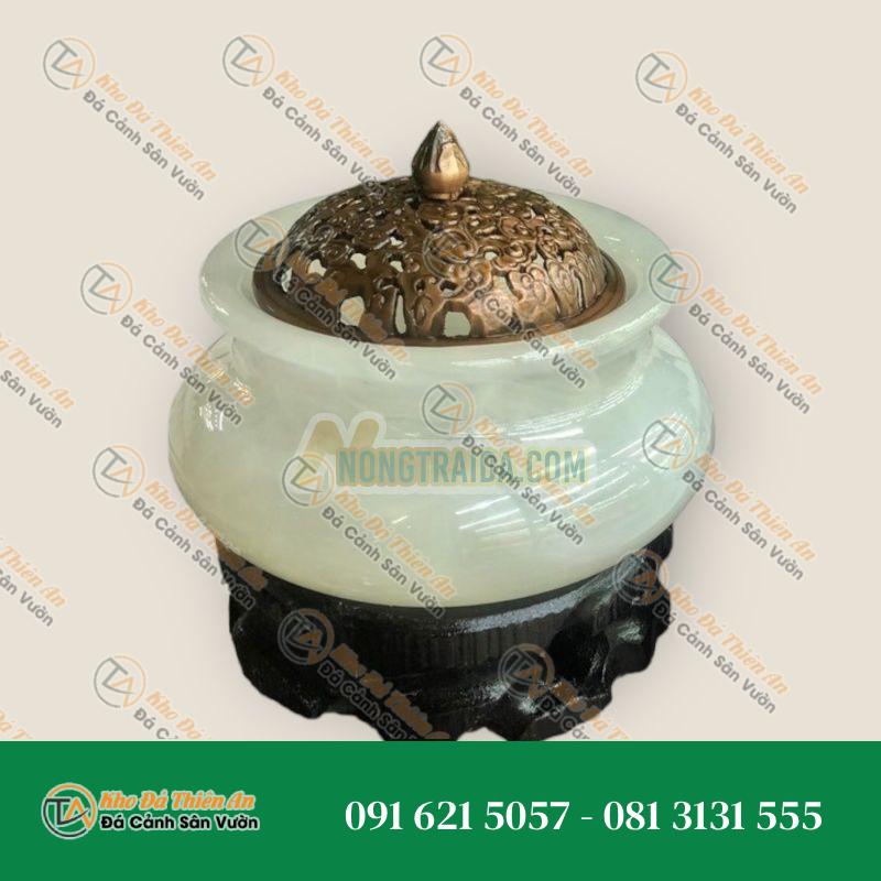 Lư xông trầm hương, hủ đỉnh đốt nhang, trầm hương đá bạch ngọc – Cao 12cm