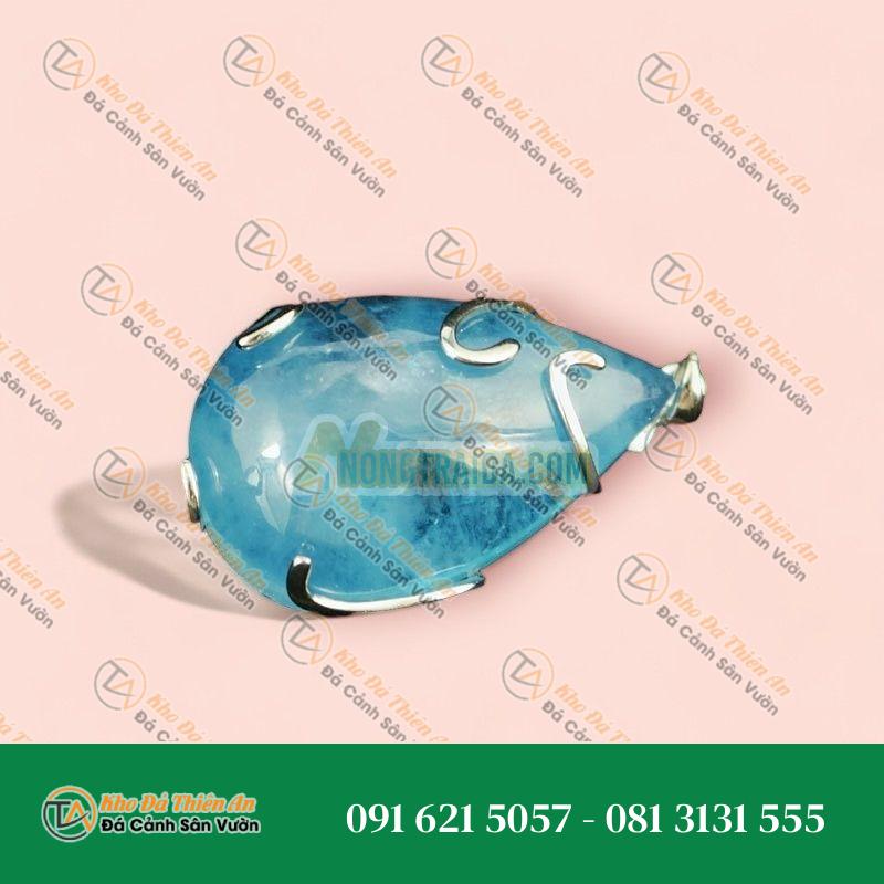 Mặt đá Aquamarine giọt nước bọc bạc