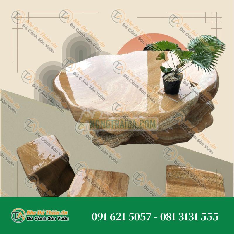Mẫu bàn ghế đá cẩm thạch vân gỗ nguyên khối 4 – 6 ghế