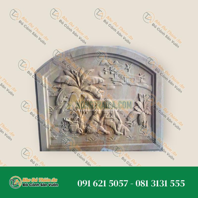 Phù điêu đá cẩm thạch vàng chủ đề quê hương 80x80cm