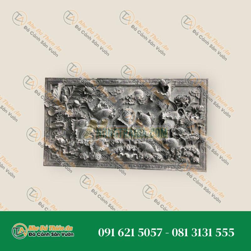 Phù điêu đá hồ cá chép 130x55cm, đá đen Hoà Bình