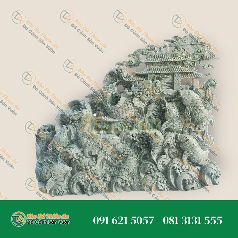 Phù điêu đá secpentine cao cắp, chạm khắc cá chép 120x110cm