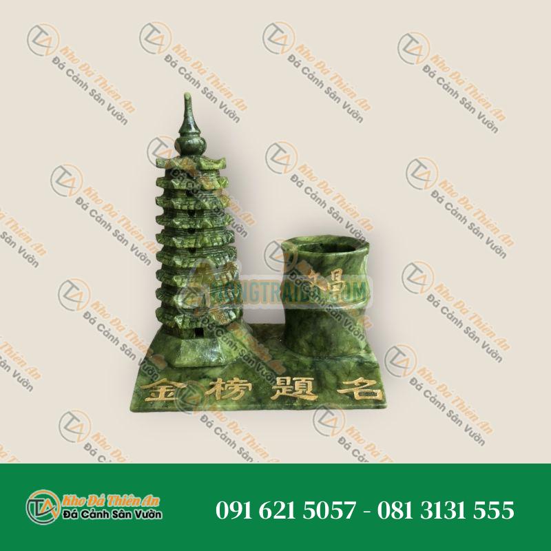 Tháp văn xương 9 tầng và ống trúc đựng bút phong thủy đá ngọc Ấn Độ – Cao 15cm, và 18cm