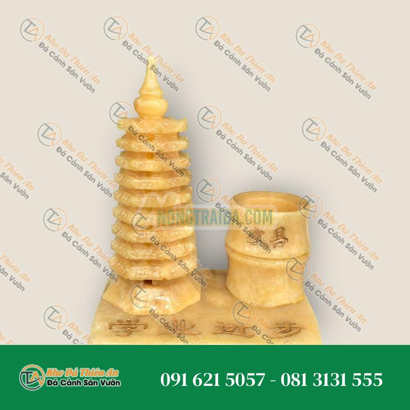 Tháp văn xương 9 tầng và ống trúc đựng bút phong thủy đá ngọc hoàng long – Cao 15cm, và 18cm
