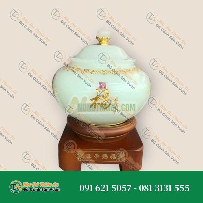 Thố đựng trà, thực phẩm đá bạch ngọc kèm đế gỗ xoay – Cao 23cm