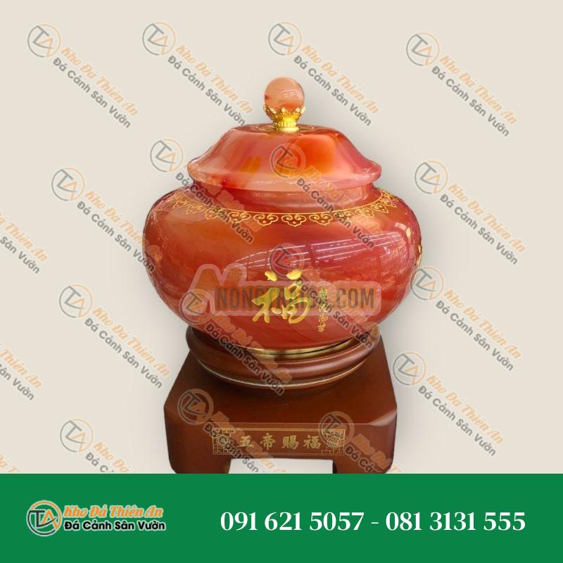 Thố đựng trà, thực phẩm đá cẩm thạch huyết đỏ kèm đế gỗ xoay – Cao 23cm