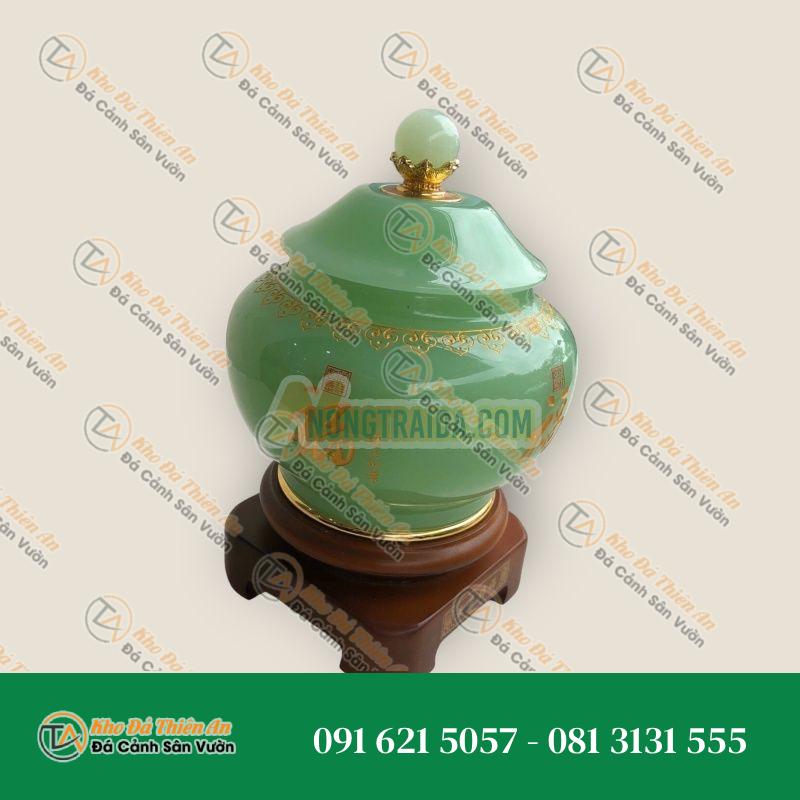 Thố đựng trà, thực phẩm đá ngọc cẩm thạch xanh kèm đế gỗ xoay – Cao 23cm