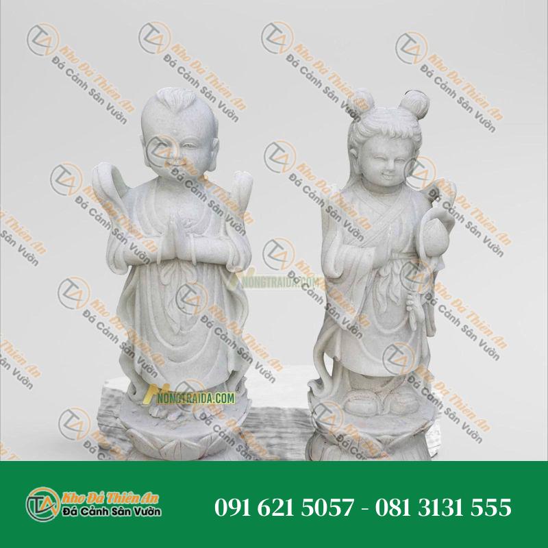 Tượng Kim Đồng Ngọc Nữ Đá Trắng Cẩm Thạch 103cm