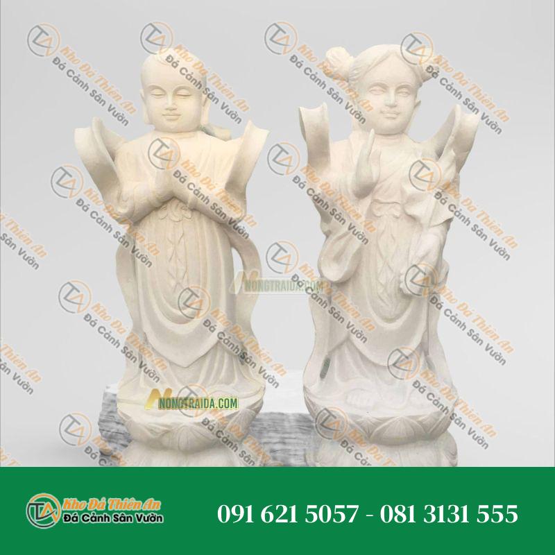 Tượng Kim Đồng Ngọc Nữ Đá Trắng Cẩm Thạch 108cm