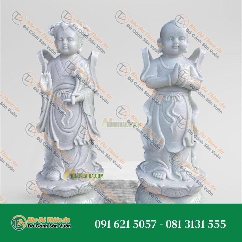 Tượng Kim Đồng Ngọc Nữ Đá Trắng Ghi 156cm