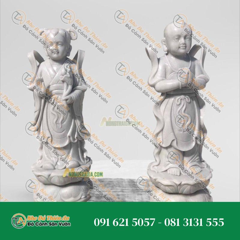 Tượng Kim Đồng Ngọc Nữ Đá Trắng Ghi 93cm