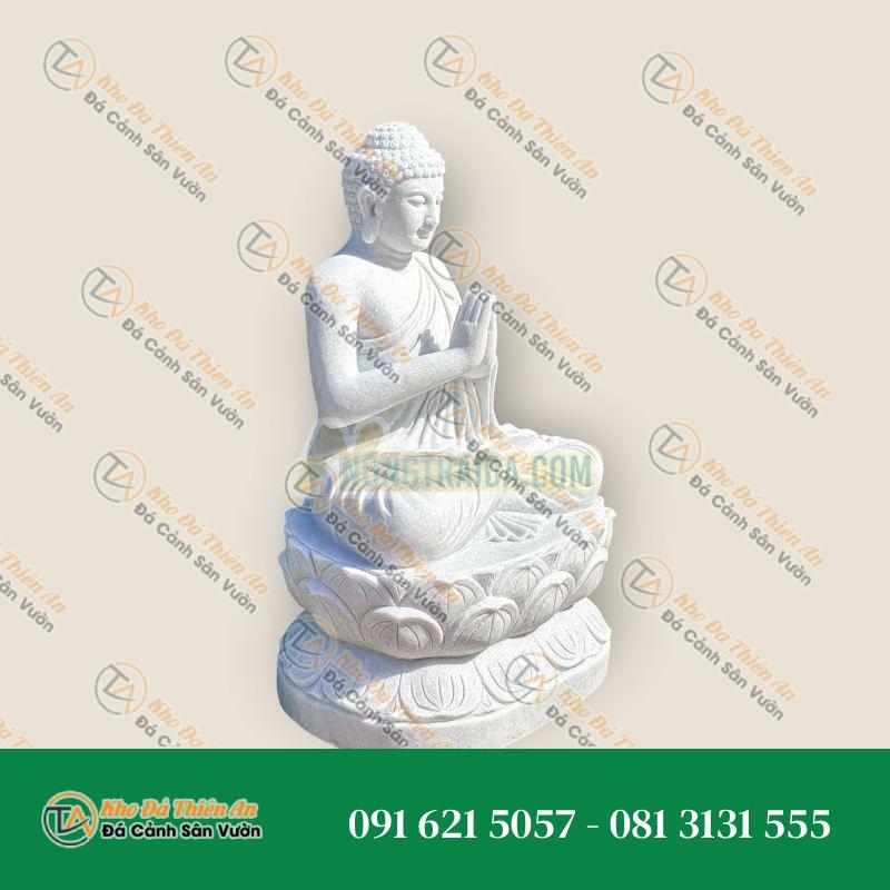 Tượng Phật Anjali Namaste bằng đá trắng trên đế hoa sen, phù hợp cho vườn 105cm