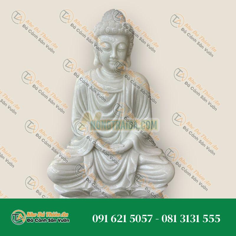 Tượng Phật Bổn Sư Thích Ca Mâu Ni ngồi đài sen đá cẩm thạch trắng – Cao 50cm