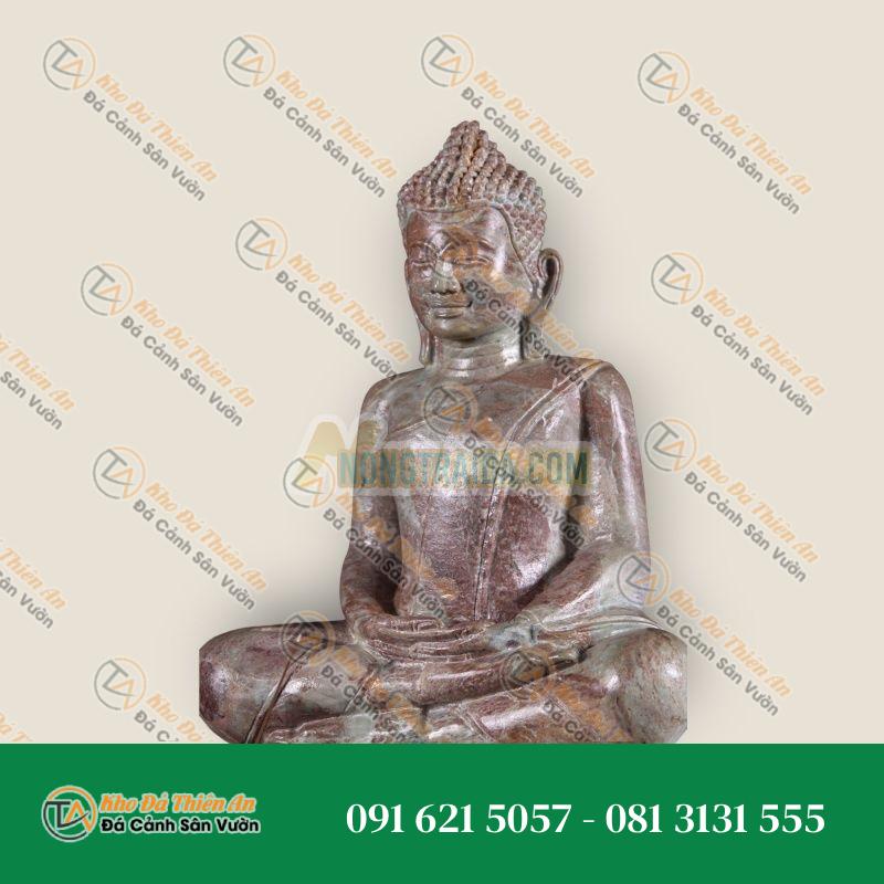 Tượng phật chạm đất bằng đá xanh và đỏ Campuchia ngồi trên đế hoa sen 45cm
