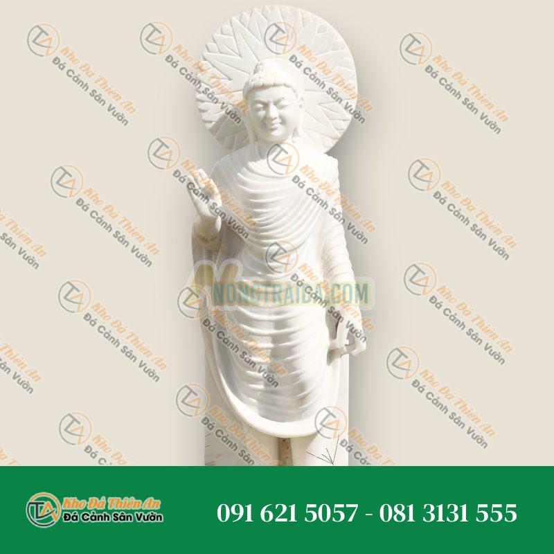 Tượng Phật đứng bằng đá trắng, tư thế Abhaya Mudra với đĩa lớn 98cm