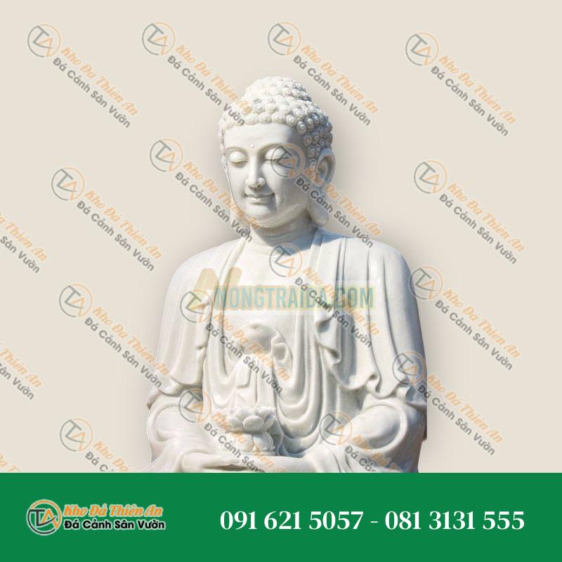 Tượng Phật lớn bằng đá trắng trong vườn giữ hoa sen và chén thức ăn 180cm