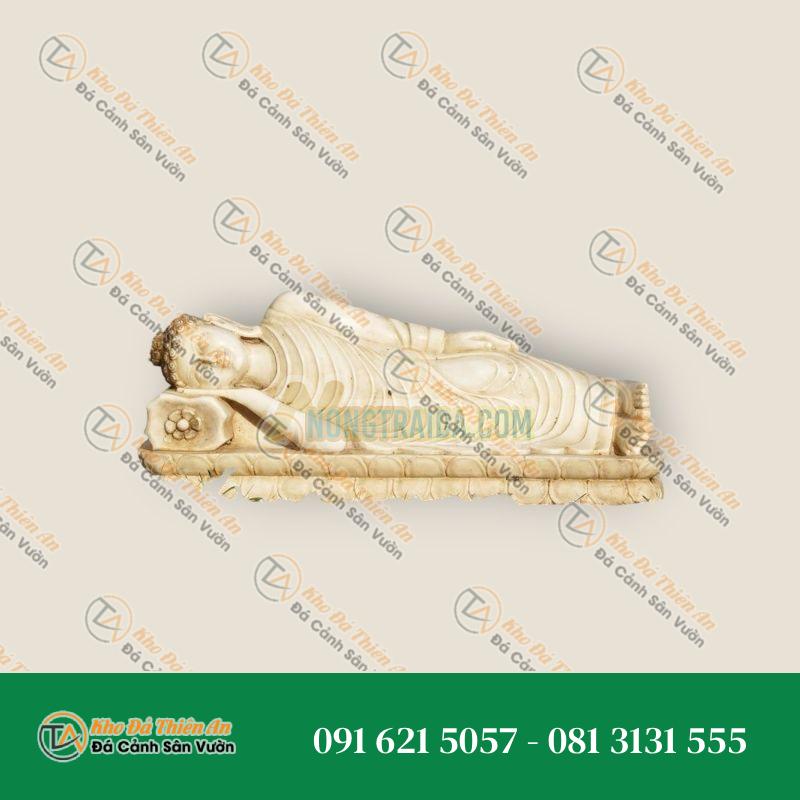 Tượng Phật nằm, nghỉ ngơi bằng đá trắng với màu patina cổ điển, phù hợp cho vườn 76cm