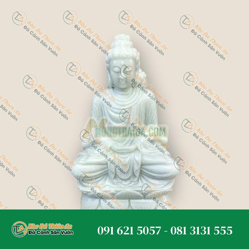 Tượng Phật Thích Ca ngồi đài sen đá cẩm thạch trắng xanh – Cao 60cm