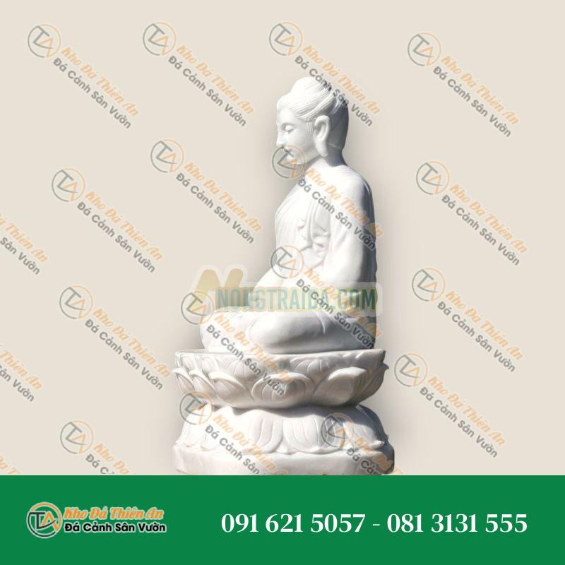 Tượng Phật Thiền Gandhara bằng đá trắng theo phong cách Gandhara, ngồi trên đế hoa sen, phù hợp cho vườn 115cm