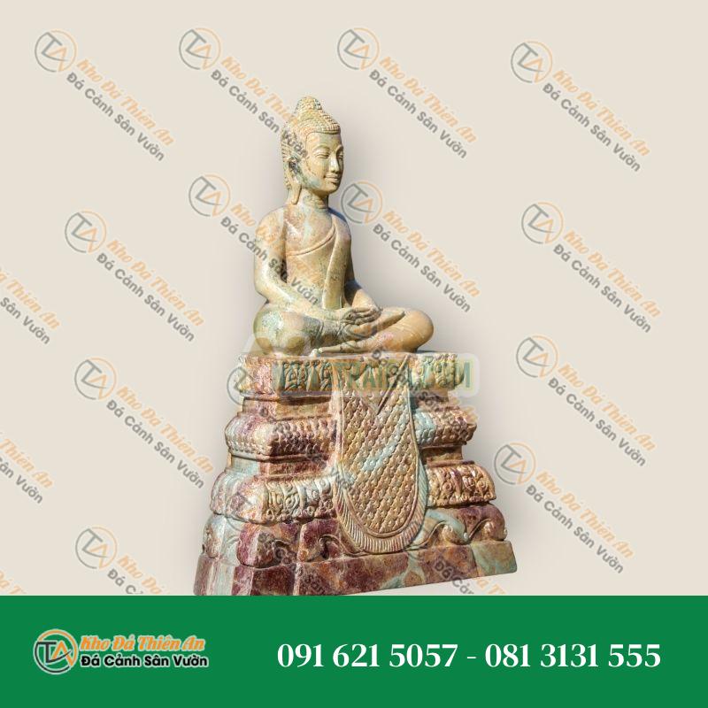 Tượng phật Thiền nửa lotus mỉm cười bằng đá xanh Campuchia ngồi trên ngai cao 35cm