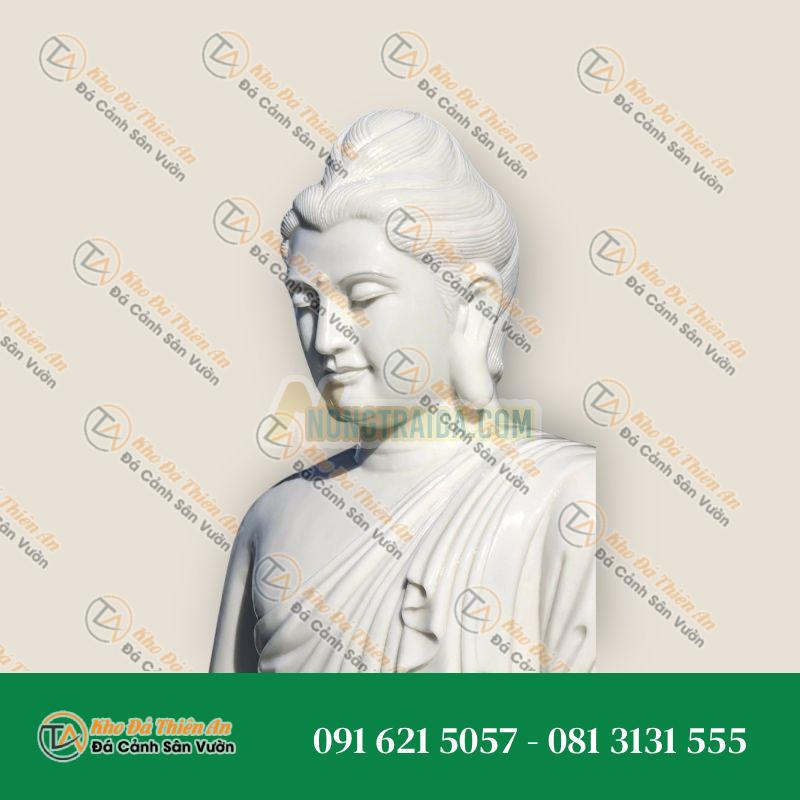 Tượng Phật Thiền theo phong cách Gandhara bằng đá trắng, tư thế Bhumisparsha Mudra, ngồi trên đế hoa sen 179cm