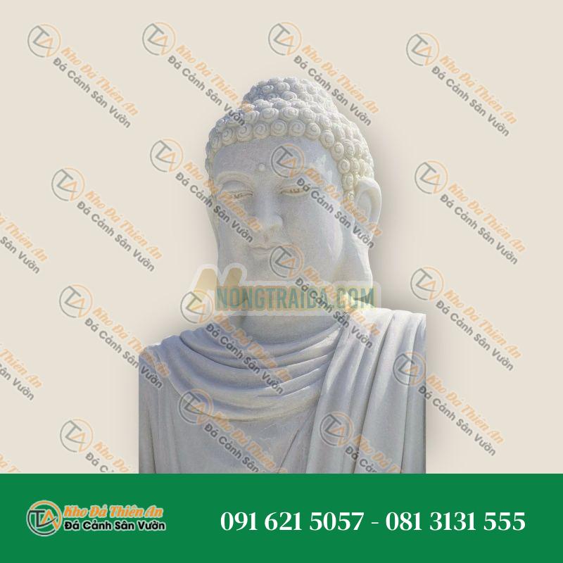 Tượng Phật Thiền trong vườn bằng đá trắng ngồi trên đế hoa sen và sóng biển 135cm