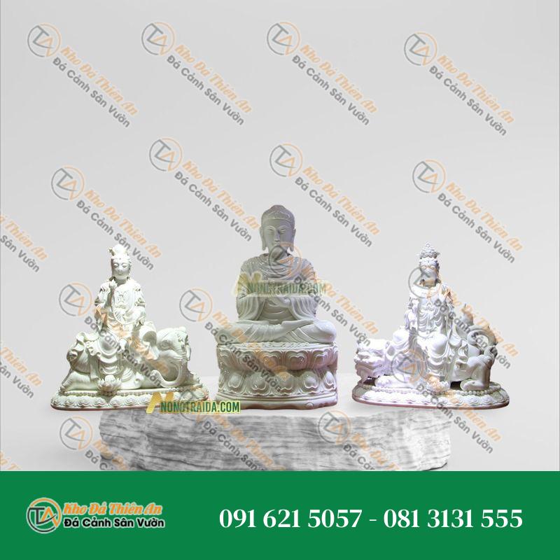 Bộ Tượng Hoa Nghiêm Tam Thánh Đá Trắng Xám 88cm – Tượng Phật Trang Nghiêm – Khodathienan.com
