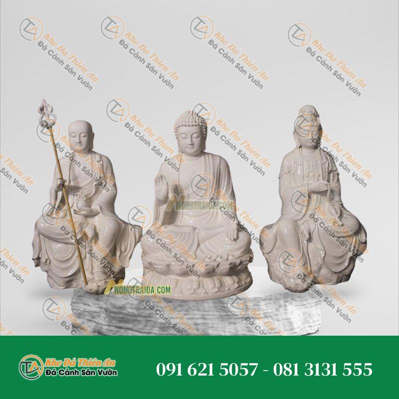 Bộ Tượng Ta Bà Tam Thánh Đá Trắng Sứ Ngồi 80cm, Kiểu Dáng Tinh Xảo, Sang Trọng | Khodathienan.com