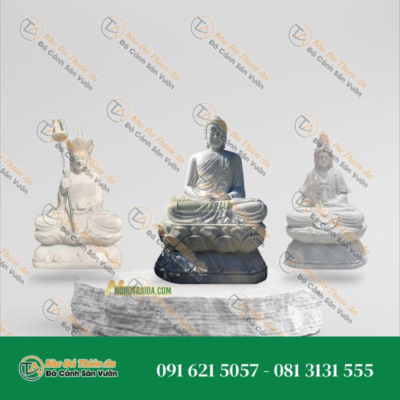 Bộ Tượng Ta Bà Tam Thánh Ngồi Đá Trắng Vân 110cm – Nét Đẹp Thiêng Liêng | Khodathienan.com