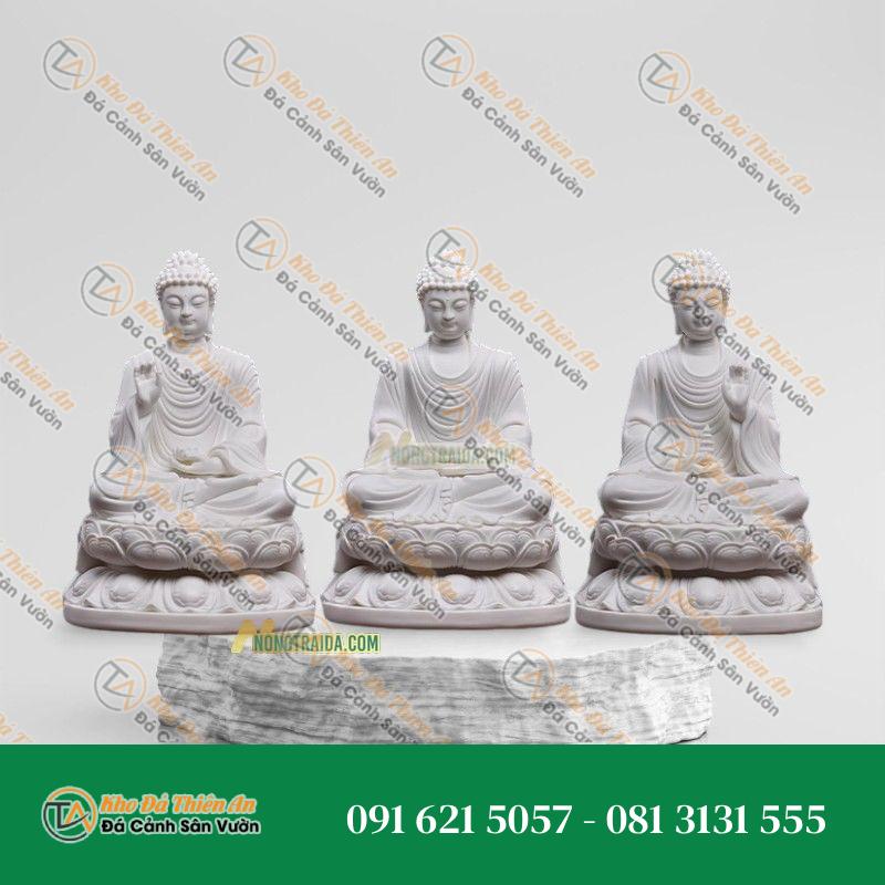 Bộ Tượng Tam Thế Phật Ngồi Đá Trắng Sứ 88cm – Trang Trí Gia Đình | Khodathienan.com