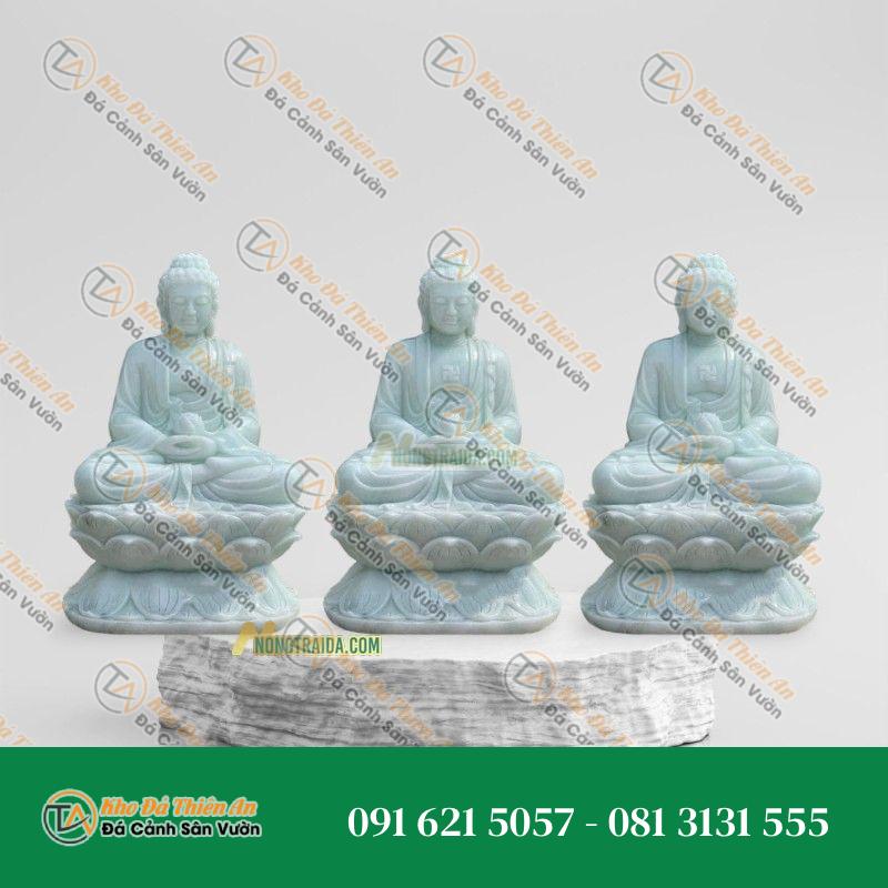 Bộ Tượng Tam Thế Phật Ngồi Đá Trắng Xanh 86cm, Kiểu Dáng Độc Đáo, Thanh Tịnh | Khodathienan.com