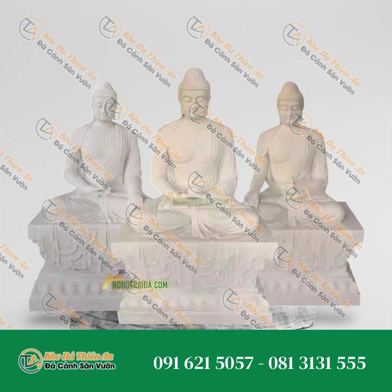 Bộ Tượng Tam Thế Phật Ngồi – Đá Trắng Yên Bái 83cm – Khodathienan.com