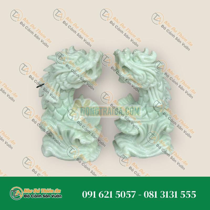 Cặp Cá Chép Hóa Rồng Phong Thủy Đá Cẩm Thạch Trắng Xanh – Cao 15cm, Thu Hút Tài Lộc